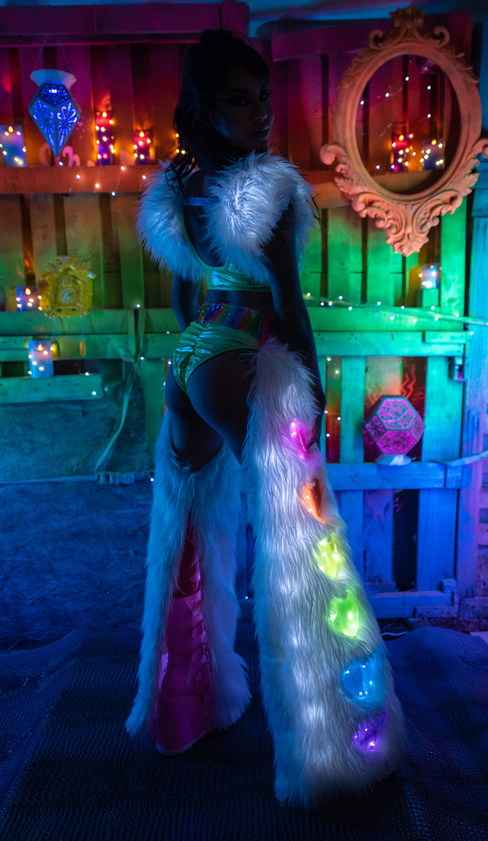 Psychedelic Rainbow Heart Light-Up Rave Chaps