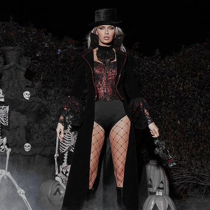 RaveFix 4pc The Lusty Vampire Costume Includes Long Coat with Flair Sleeves and Trim Detail on Collar and Built in Corset with Zipper Closure, Neckpiece, Shorts, & Top Hat