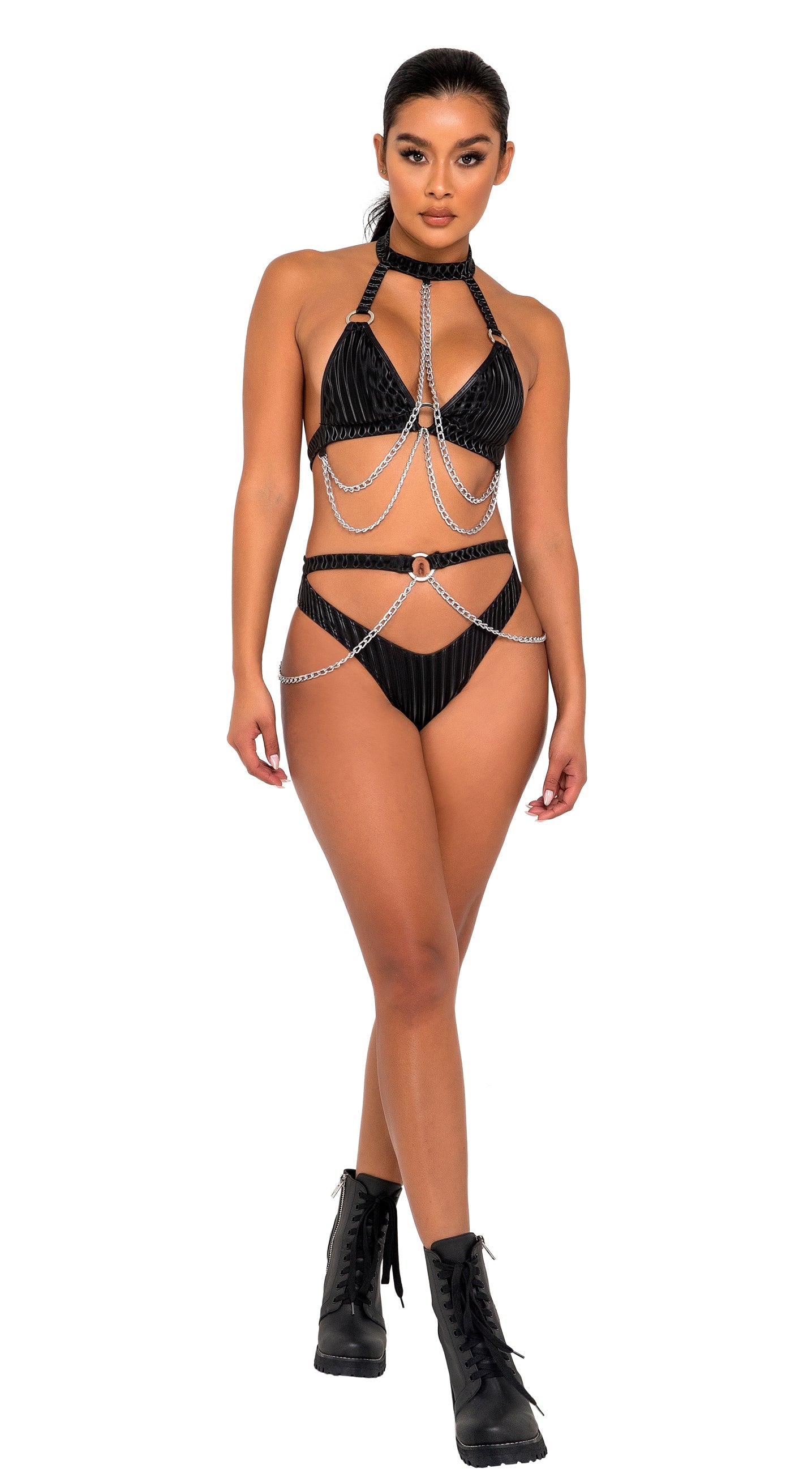 Plus Leopard Chain Detail Halter Triangle Thong Bikini Swimsuit